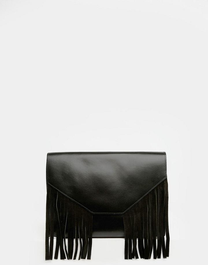 Asos Leather Fringed Clutch Bag - Black