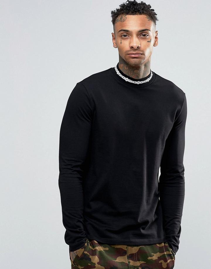 Asos Longline Long Sleeve T-shirt With Geo-tribal Print Turtleneck - Black