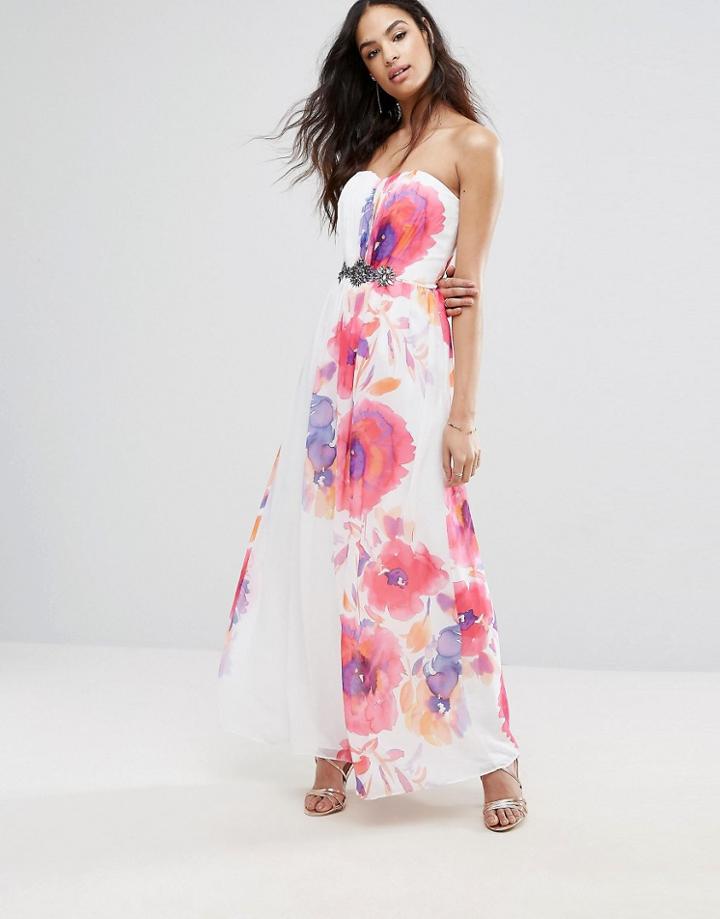 Little Mistress Maxi Dress In Border Floral Print - Multi