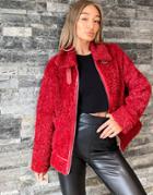 Qed London Faux-fur Aviator Jacket In Red