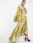 Asos Design Printed Tiered Voile Maxi Dress With Ruched Strap Detail-multi