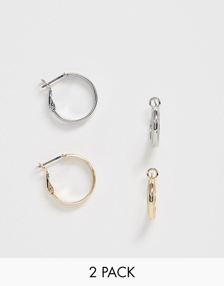 Asos Design Pack Of 2 Hoop Earrings With Textured Edge - Multi
