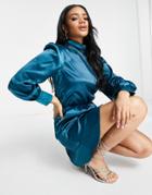 Ax Paris High Neck Mini Dress With Long Sleeves In Teal-green