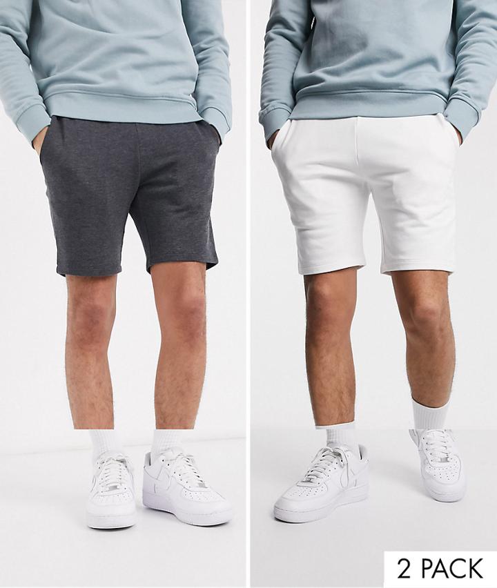 Asos Design 2 Pack Jersey Skinny Shorts In White/charcoal-multi