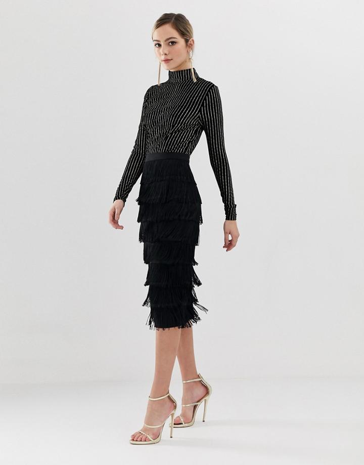 Oasis Fringed Pencil Skirt In Black - Black