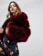 Prettylittlething Cropped Faux Fur Bubble Coat In Red - Red