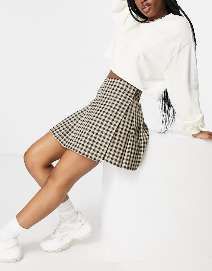 Asos Design Pleated Mini Skirt In Camel Check-multi