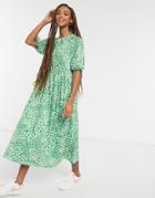 Asos Design Gathered Neck Midi Smock Dress In Bright Green Base Floral Print