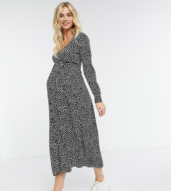 Asos Design Maternity Exclusive Tie Waist Button-front Midi Dress In Mono Floral Print-multi