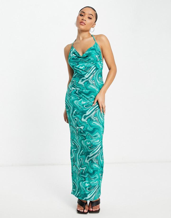 I Saw It First Slinky Swirl Marble Halterneck Cowl Neck Maxi Dress In Green