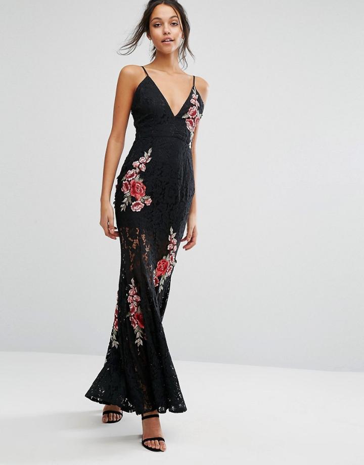 Missguided Peace + Love Embroidered Detail Lace Maxi Dress - Black