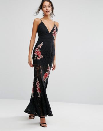 Missguided Peace + Love Embroidered Detail Lace Maxi Dress - Black