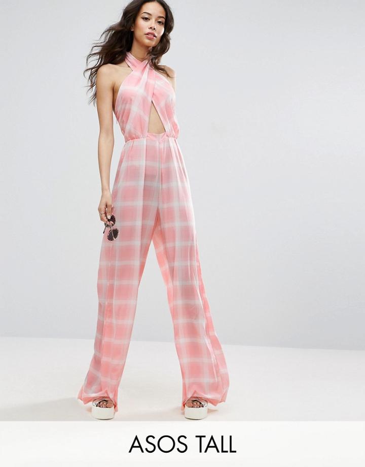Asos Tall Jumpsuit In Check With Cross Front And Super Wide Leg - Multi