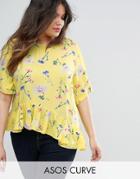 Asos Curve Tee With Asymmetric Ruffle Hem In Yellow Floral - Multi
