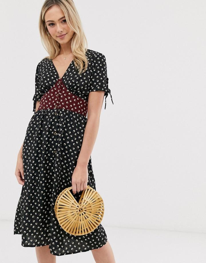 Brave Soul Gracie Midi Dress With Mixed Floral Panel - Black