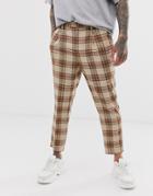 Asos Design Tapered Crop Smart Pants In Linen Brown Linen Look Check - Brown