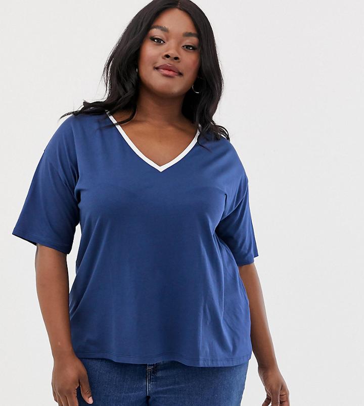 Asos Design Curve Tipped V Neck T-shirt In Blue - Blue