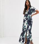 Asos Design Maternity Floral Flutter Sleeve Maxi Dress With Tassle Belt - Multi