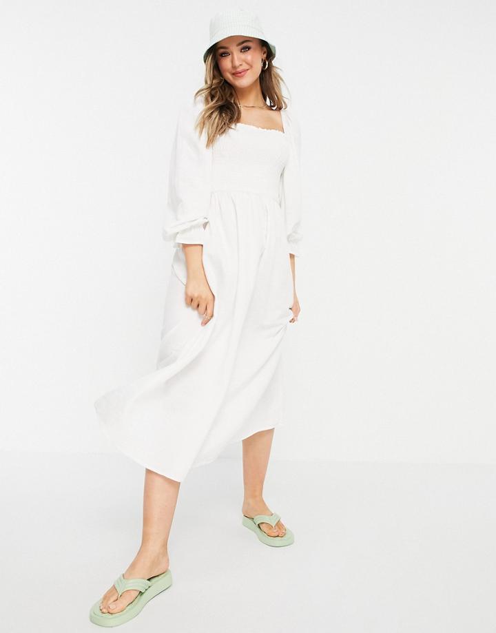 New Look Shirred Midi Dress In Off White