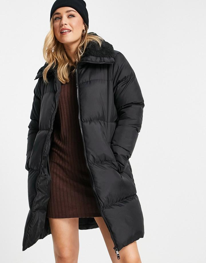 Brave Soul Anna Mid Length Puffer Jacket With Sherpa-black