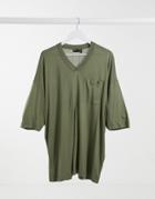 Asos Design Oversized Viscose T-shirt With Baseball Neck In Washed Khaki-green