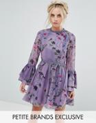 Little Mistress Petite All Over Floral Skater Dress With Fluted Sleeve Detail - Purple