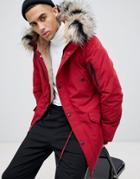 Sixth June Parka Coat In Red With Black Faux Fur Hood - Red