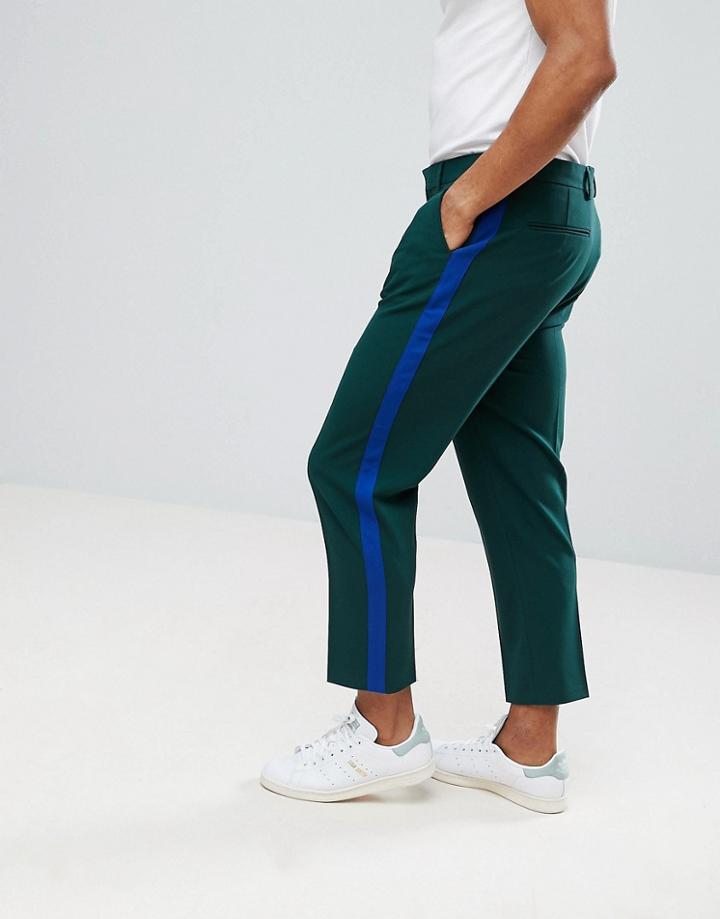 Asos Tapered Smart Pants In Dark Green With Blue Side Stripe - Green