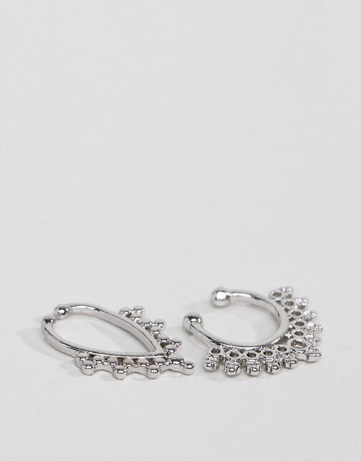 Asos Design Pack Of 2 Ornate Cut Out Faux Nose Rings - Silver