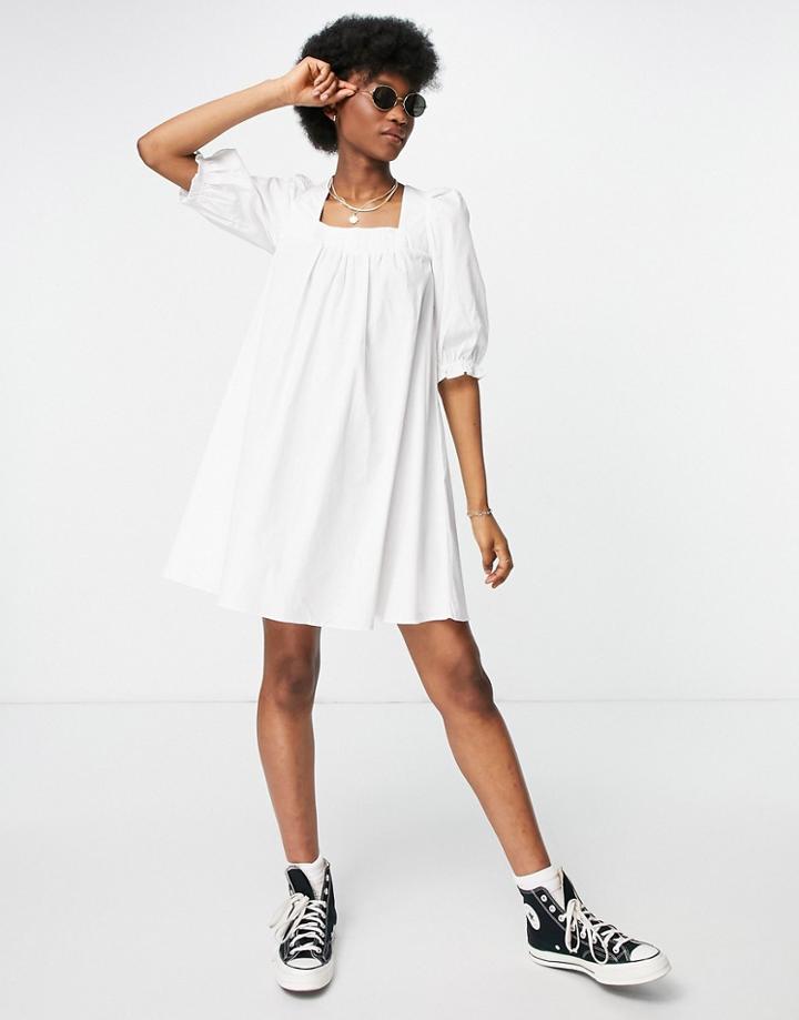 New Look Tie Back Shirred Poplin Mini Dress In White-brown