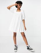 New Look Tie Back Shirred Poplin Mini Dress In White-brown