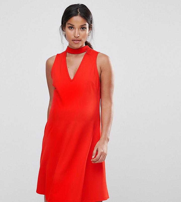 Asos Maternity Swing Dress In Crepe With Cut Out V Neck - Red