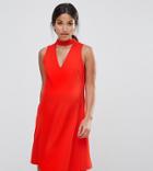 Asos Maternity Swing Dress In Crepe With Cut Out V Neck - Red