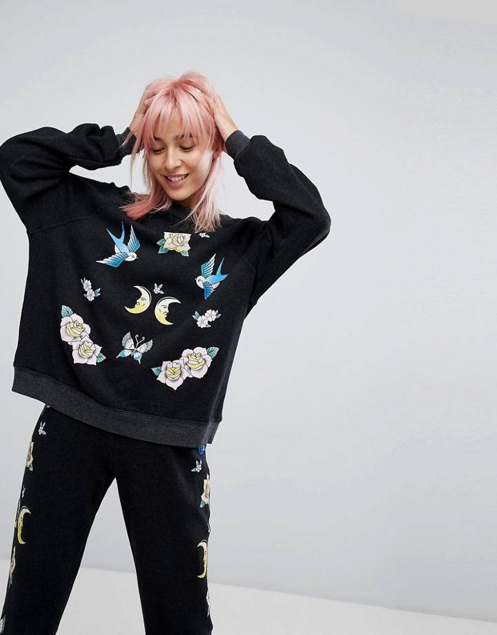 Wildfox Bird And Rose Print Sweatshirt - Black