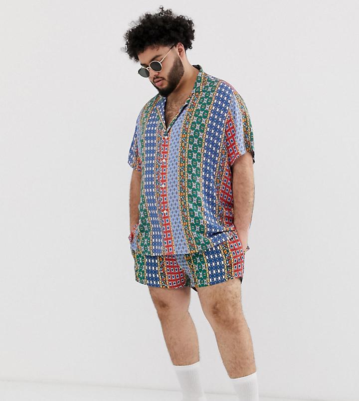 Asos Design Plus Two-piece Swim Shorts In Patchwork Print In Super Short Length - Multi