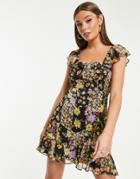 Miss Selfridge Chiffon Frill Strap Mini Dress In Black Patchwork Floral-multi