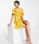 Asos Design Petite Satin Wrap Mini Dress With Flutter Sleeve And Tie Detail In Gold