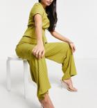 Club L London Petite Ribbed Flared Pants Set In Green