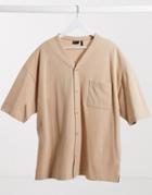 Asos Design Oversized Button Through Baseball Shirt With Pocket In Beige-neutral