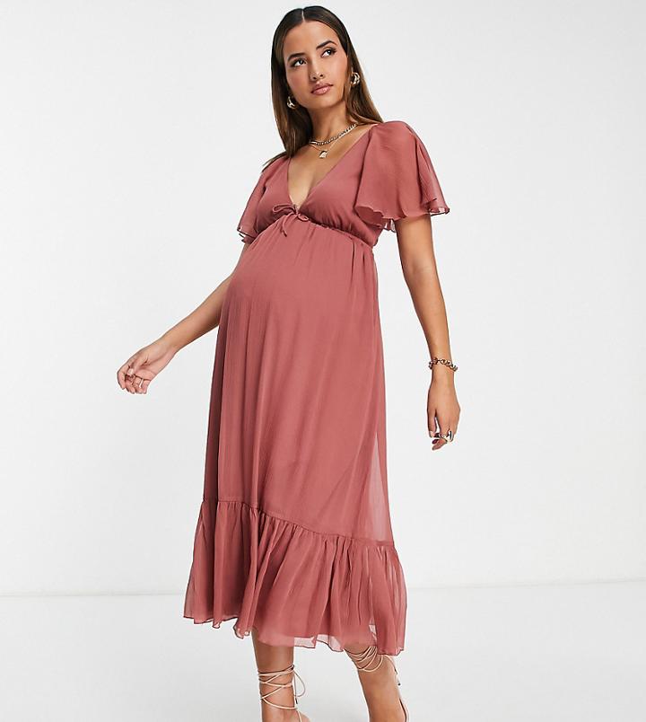 Asos Design Maternity Soft Tiered Midi Dress With Tie Front In Rose-pink