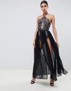 Rare London Maxi Dress With Double Splits And Halter Neck Bodysuit Underlay In Black