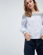 Influence Bardot Top With Contrast Shirred Sleeve - Blue
