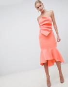 Asos Design Premium Scuba Button Detail Ruffle Midi Dress With Pephem - Orange