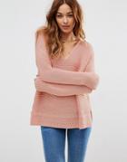 Asos Ultimate Chunky V Neck Sweater With Stitch Detail - Pink