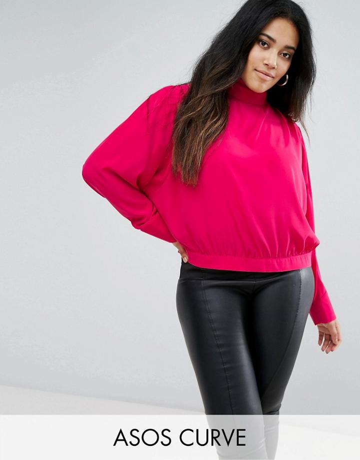 Asos Curve Batwing Blouse With Ruched High Neck - Pink