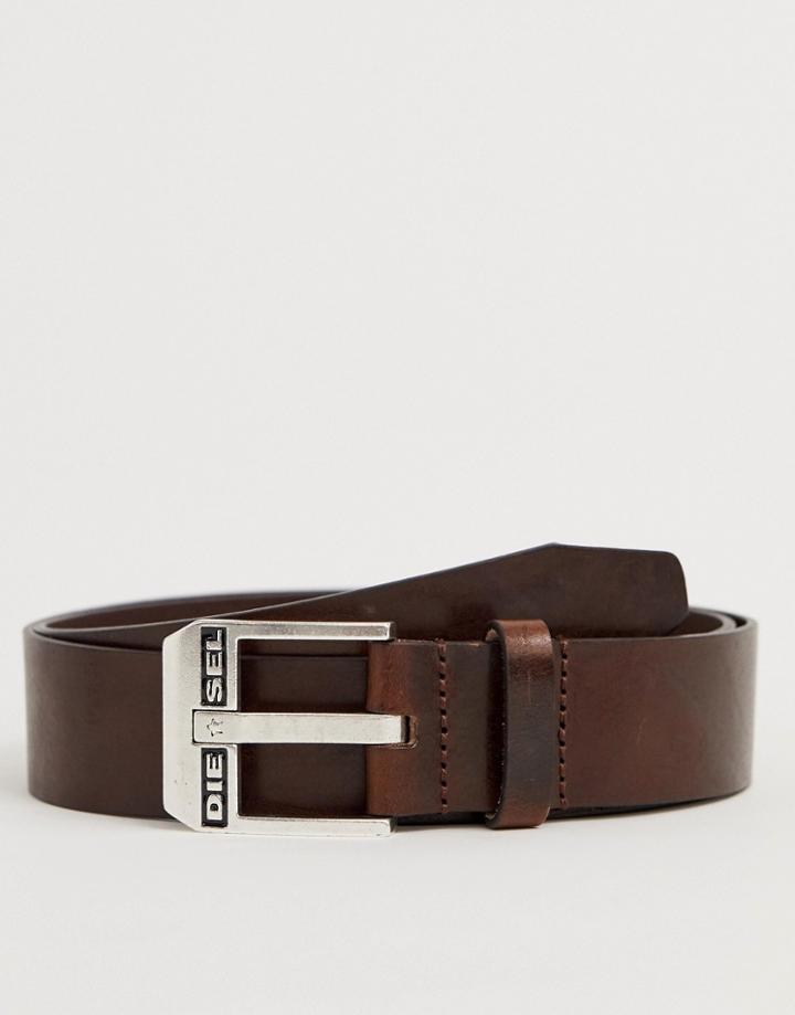 Diesel Leather Logo Buckle Belt In Brown - Brown