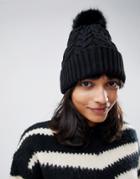 Asos Design Cable Faux Fur Pom Beanie In Recycled Polyester - Black