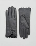 Barneys Real Leather Gloves With Scallop And Bow Detail - Gray