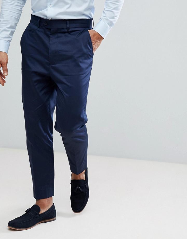 Asos Tapered Smart Pants In Navy Cotton Sateen - Navy