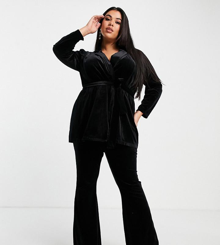 Asos Design Curve Velvet Suit Kickflare Pant In Black